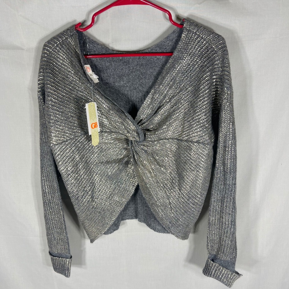 GB Sweater Twist Front Metallic Gold Grey Womens XS